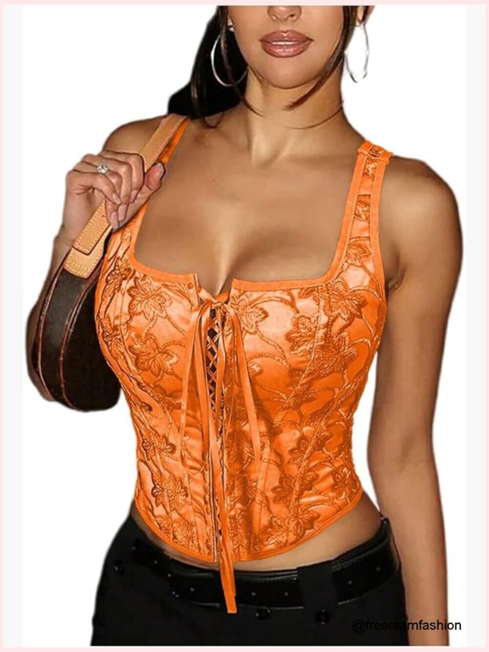 Floral Embroidered Lace Up Square Neck Crop Tank Top
